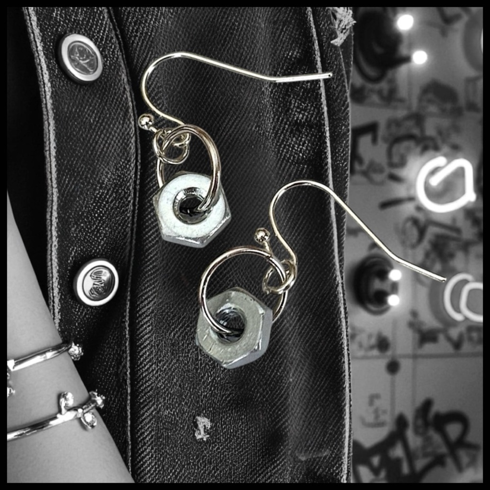 5 For $25💫Alternative Silver Hardware Hex Nut Dangles Earrings